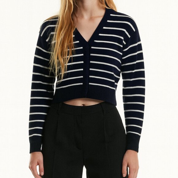 Zara Navy White Striped Cropped Cardigan Size M Nautical Preppy Chic Academia - Picture 1 of 7
